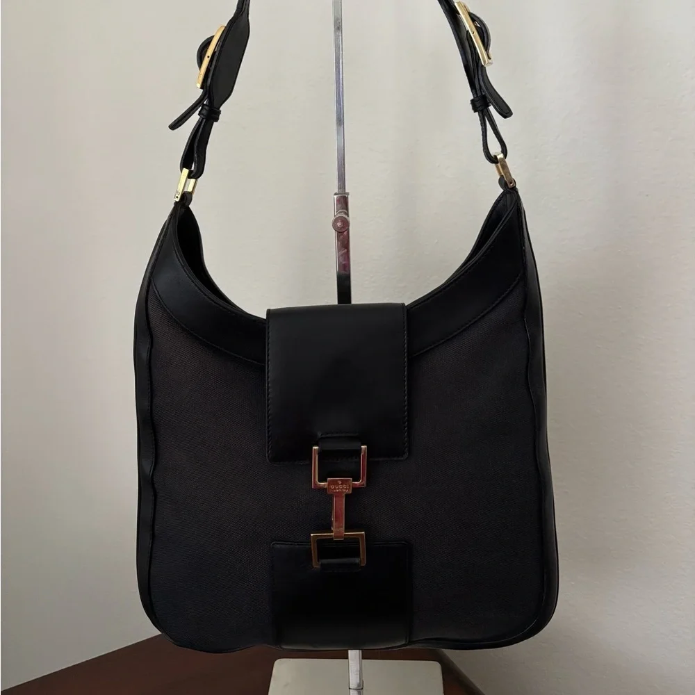 Gucci Jackie O Black Canvas Leather Trim Handbag | Iconic Piston Lock - Picture 2 of 12